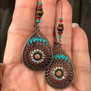 Turquoise & Coral Color Boho Copper Tone Drop Earrings NWT